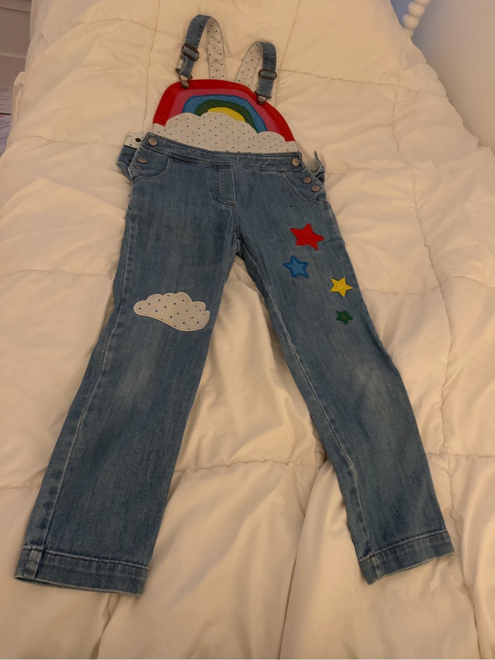 Mini Boden Denim Rainbow Cloud Embroidered Overalls for Kids